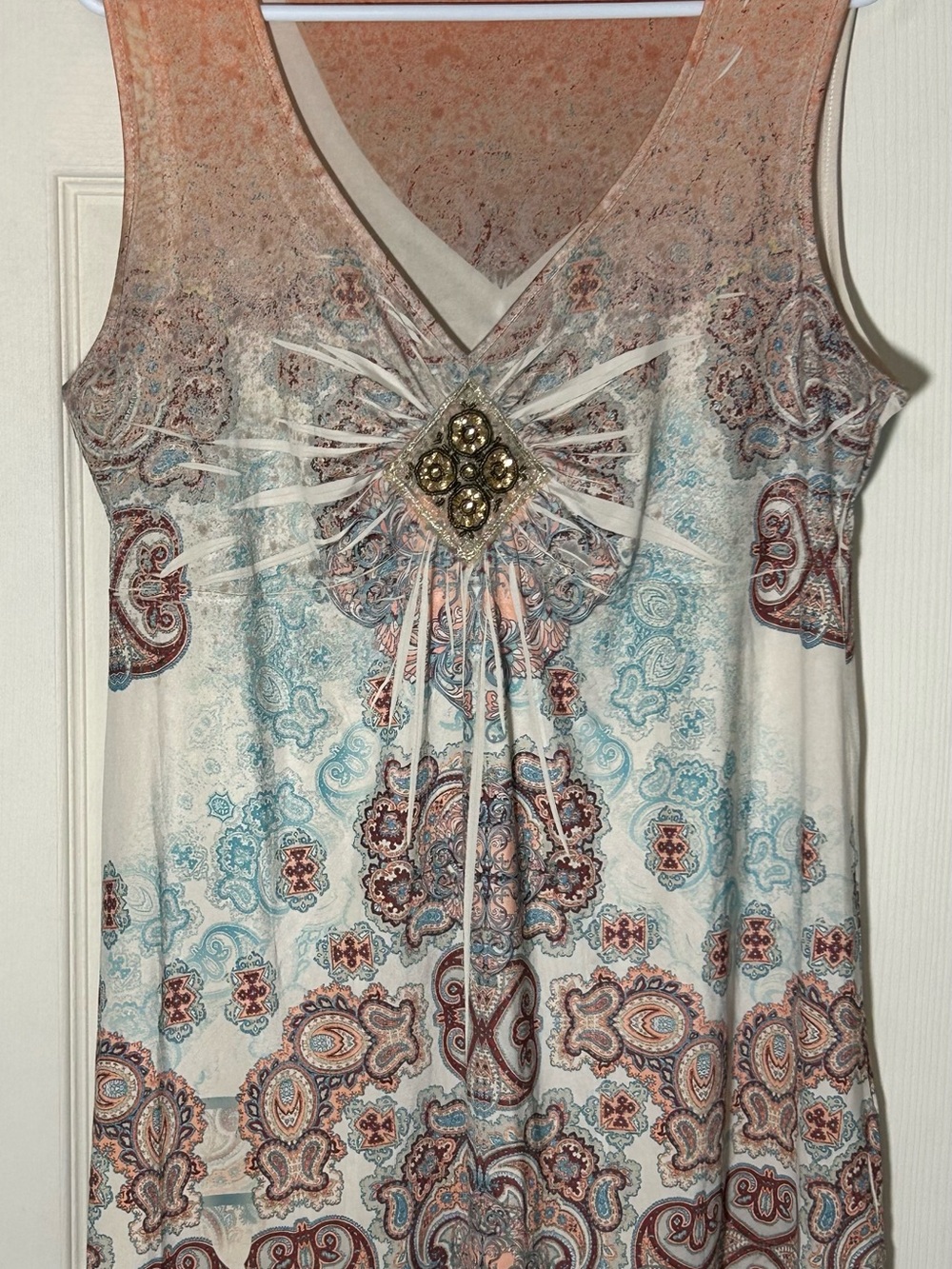Apt. 9 Paisley V‑Neck Tank with Jeweled Medallion - Cream, Coral & Light Blue